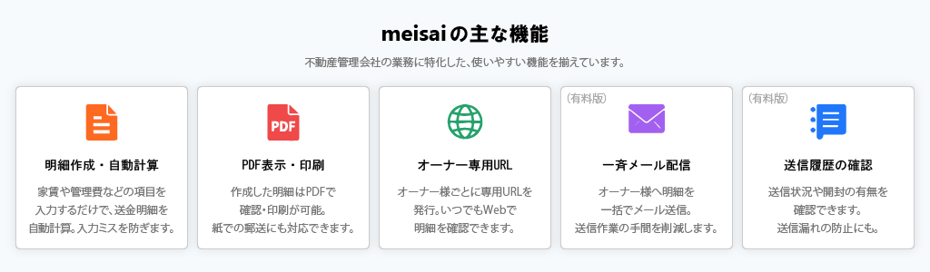 meisaiの主な機能 不動産管理会社の業務に特化した、使いやすい機能を揃えています。